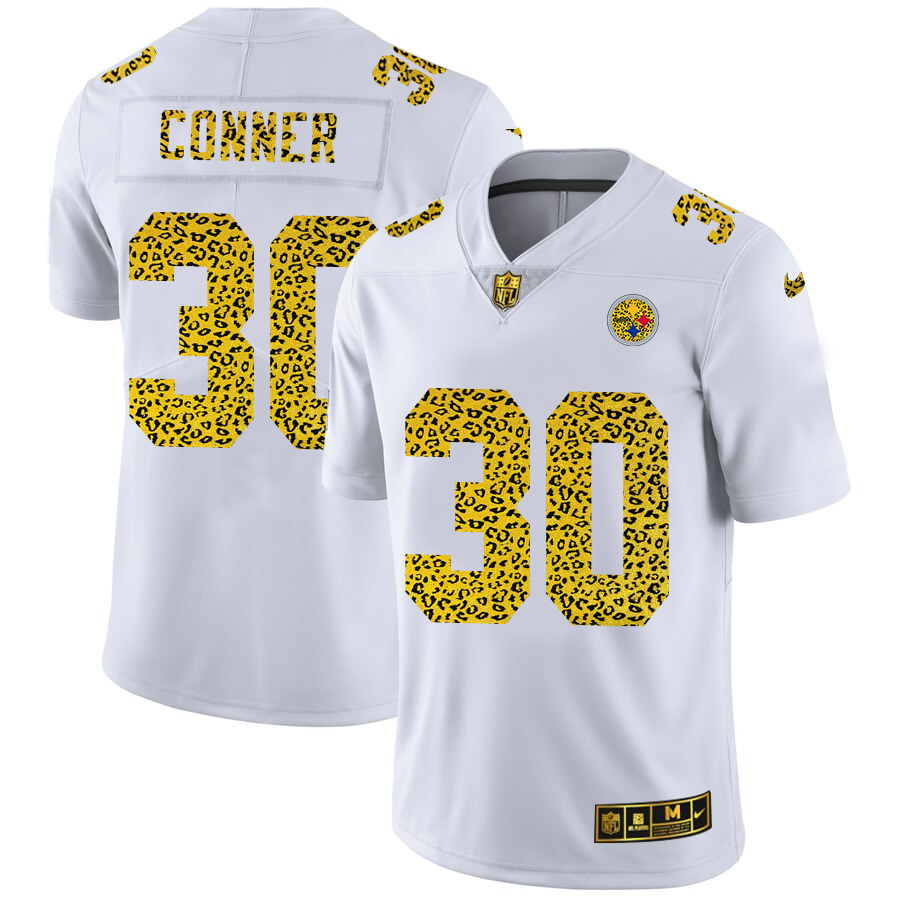 Custom Pittsburgh Steelers 30 James Conner Men Nike Flocked Leopard Print Vapor Limited NFL Jersey White